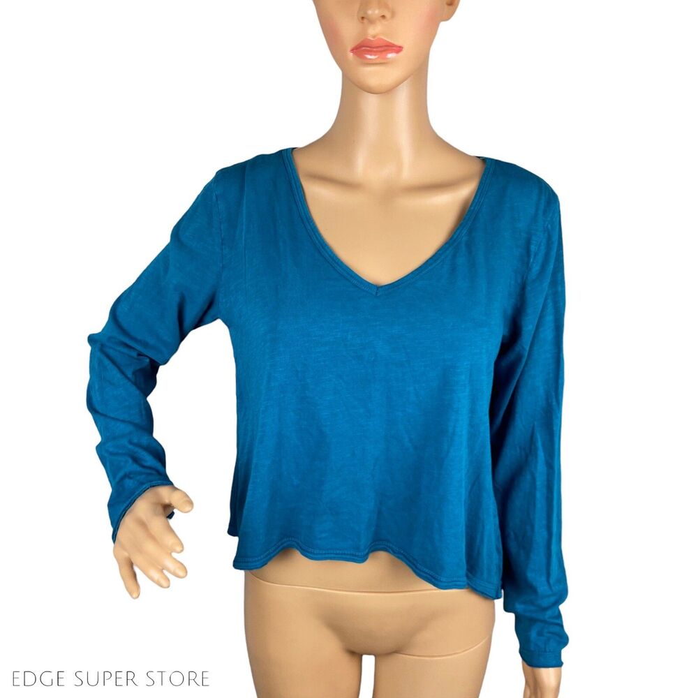 Anthropologie MTWTFSS Blue Long Sleeve VNeck TShirt Top Petite Size Small